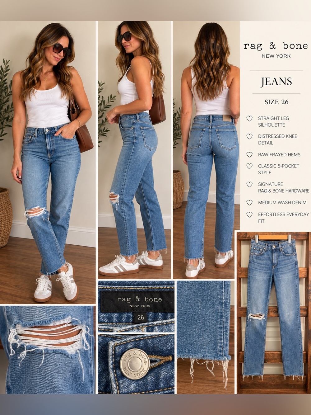 Rag & Bone Distressed Straight Leg Jeans — Size 26